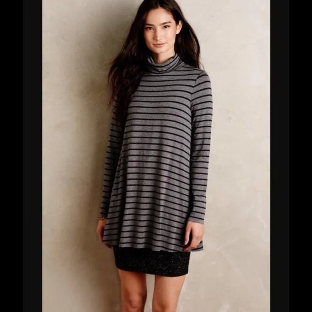 Anthropologie Bailey 44 Navy & Gray Striped Turtleneck Layered Dress - Picture 7 of 8